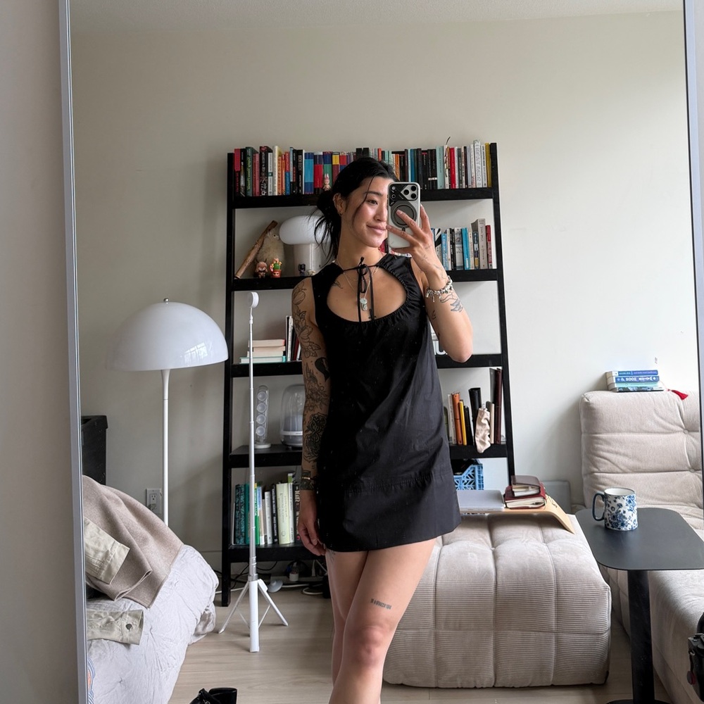 Geel Black Tie-Neck Mini Dress